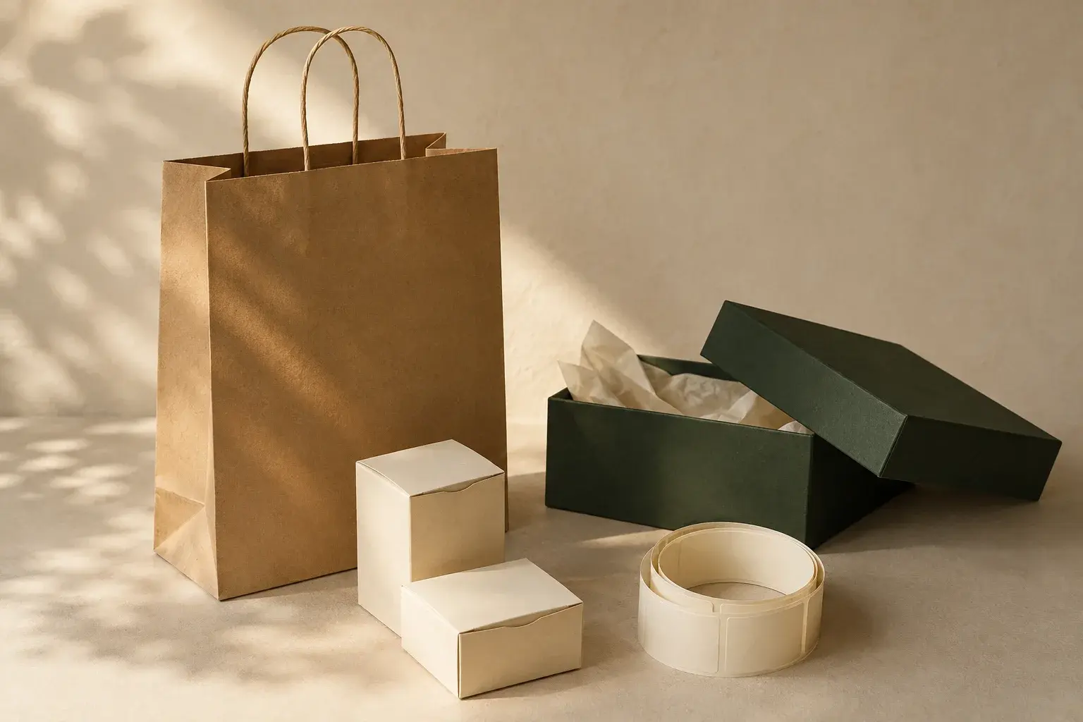 Illustrative image of unbranded custom packaging and material samples